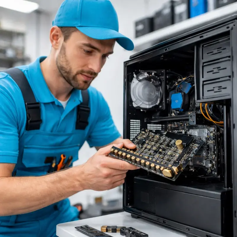 Мастер устанавливает звуковую карту на ПК в Троицке